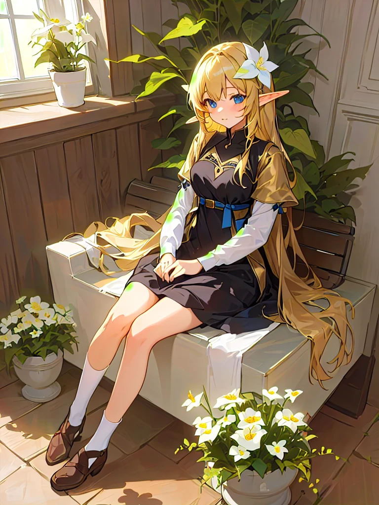 anime elf girl sitting on a bench with a flowers,  in dress, cute anime waifu in a nice dress, shot from about, blonde long hair