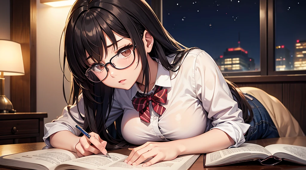 Falling asleep face down while studying at night、A cute girl wearing glasses that accentuate her breasts a little