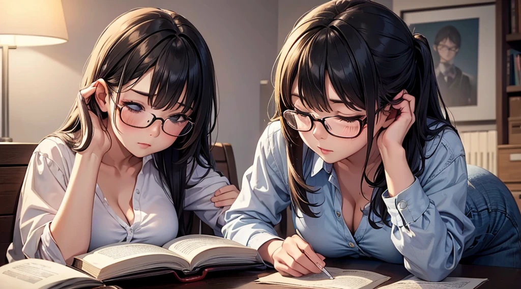 Falling asleep face down while studying at night、A cute girl wearing glasses that accentuate her breasts a little