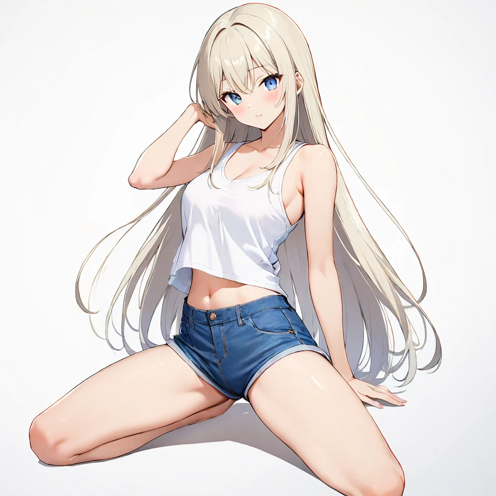 16k works,Highest quality,18-year-old,No background.White background only,whole body、Sexy pose, One person, Beautiful Face,, Symmetrical eyes, Perfect body, Good balance、 Perfect body、Split, Long Hair, White sleeveless tank top,Blue Denim Shorts
