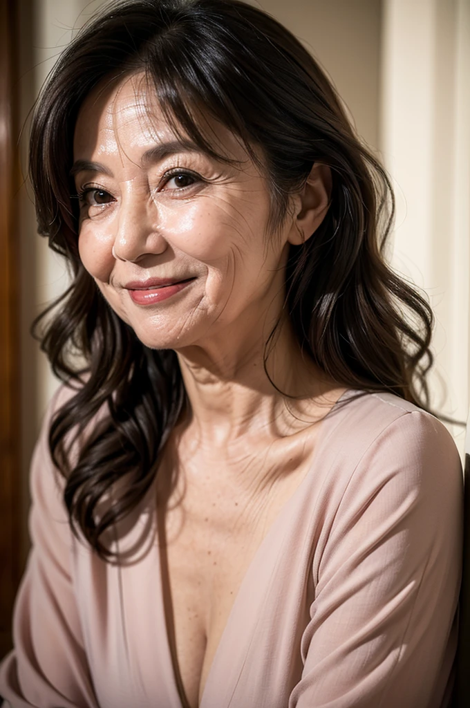 (masterpiece:1.4),(69-year-old woman:1.5),(facial wrinkles 1.2),gentle smile,Long Wavy Hair, motherly mature woman