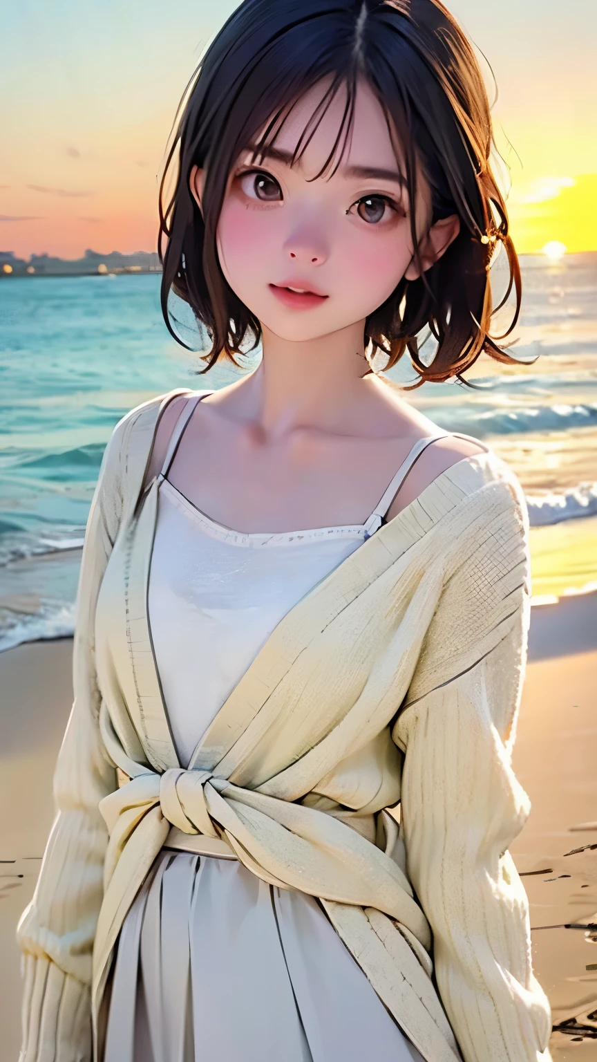 Highest quality、masterpiece、One Girl、Cute face、Shy:0.2、Small Nose、Fuller lips、White camisole、Long sleeve beige cardigan、White long skirt、barefoot、Ultra-detailed face and skin texture、Small face、Small breasts、Walking、BREAK、Summer evening、Walking along the beach、sunset、Afternoon sun、Orange sky、Scarlet Clouds、Silence、dusk、Wabi-sabi art、Cinematic angle、An inspiring piece、a memory from summer