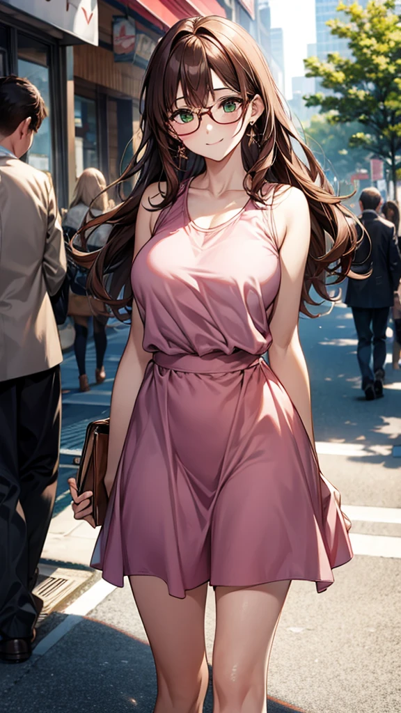 Wife 30 years old,Large Breasts,Brown wavy hair,earrings,Smile,pedestrian mall,Sun,breeze,Tree shadow,light pink vest,Sexy,noble,red glasses,green eyes