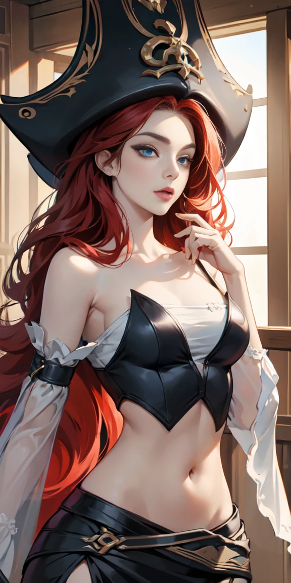 (masterpiece, best quality,Up to 8K resolution), intricate details, Miss Fortune \(League of Legends\),beautiful face,red long hair,blue eyes,seductive woman, Pirate hat, Strap slip, bare shoulders, separated sleeves, wide sleeves, navel