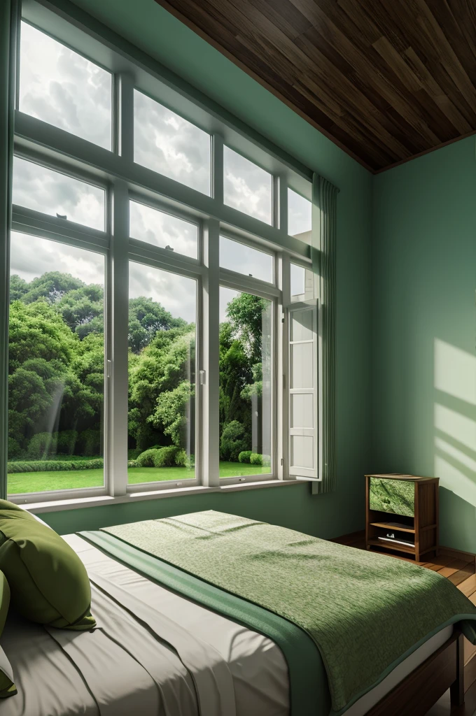 beautiful woodan house,beautiful bed room big windows outside raining,beautiful rainy weather clouds green nature.realstic 10 k 3d effact image.