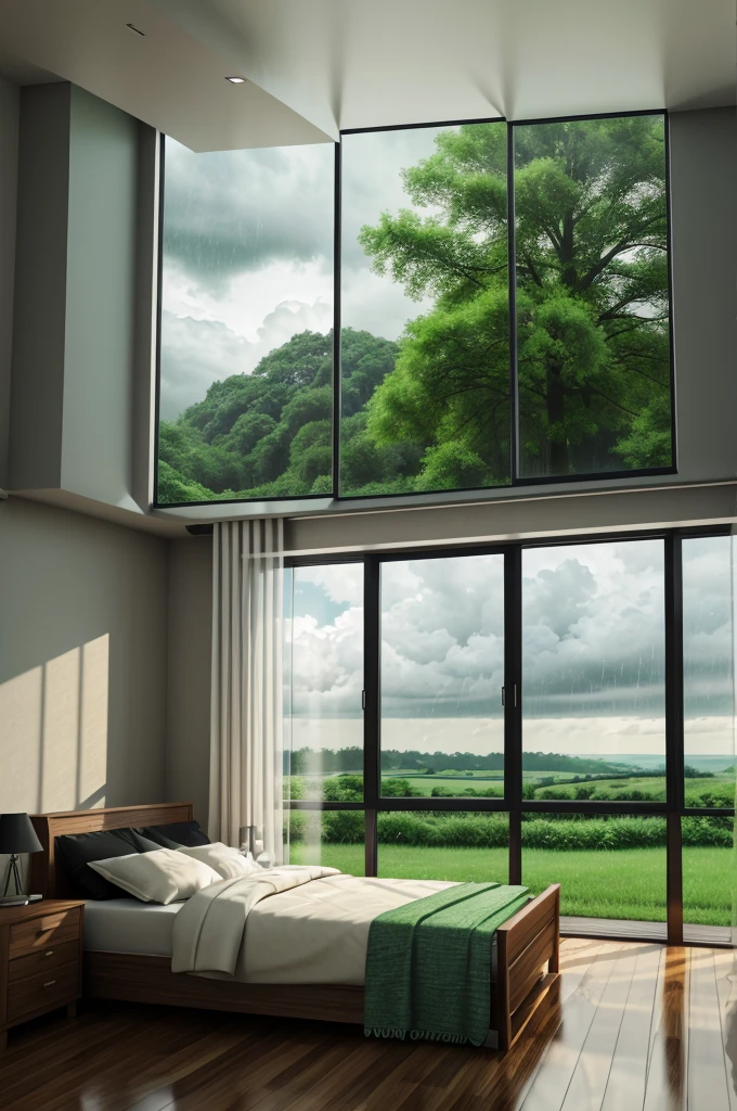 beautiful woodan house,beautiful bed room big windows outside raining,beautiful rainy weather clouds green nature.realstic 10 k 3d effact image.