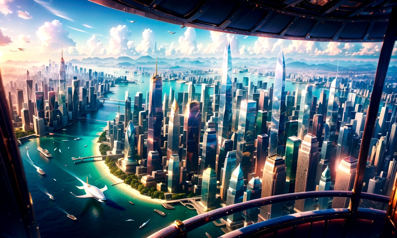 Spectacular views of skyscrapers from an airship cabin, (Ultra-high resolution,8K),Fantasy, The world of picture books
