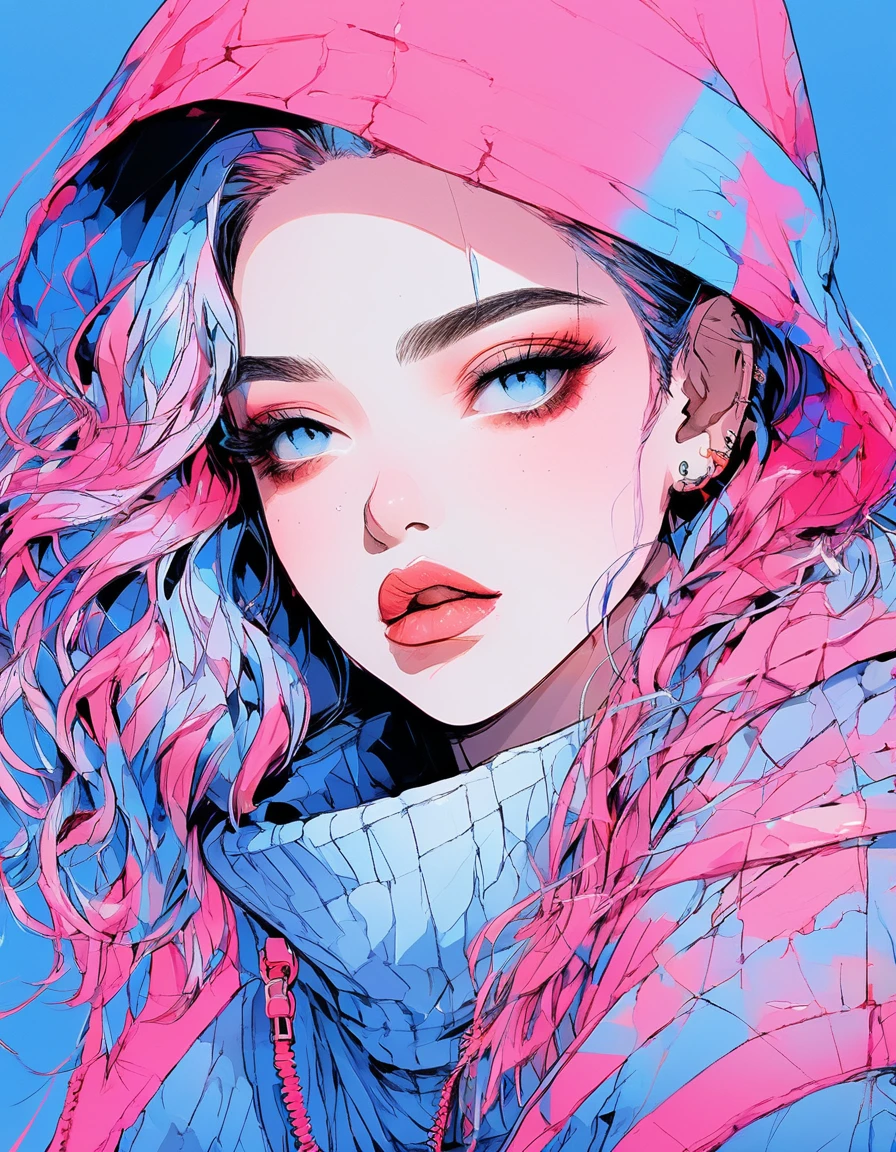 (Highest quality, sketch:1.2),Realistic,Illustrator,anime,1 Girl, Detailed lips,sweater,custom,Blue gradient background,Neon Hair,Texture Cropping,Canadian, masterpiece, Style: Retro Classic, Dark Black