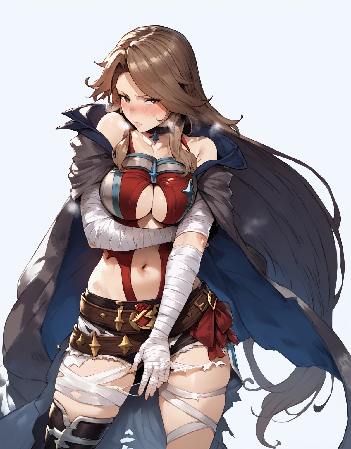 score_9, score_8_up, score_7_up, score_6_up, uncensored, katalina \(granblue fantasy\), long hair, parted bangs, brown hair, brown eyes, sweating, BREAK (masterpiece:1.2), best quality, high resolution, (detailed eyes:1.3), perfect lighting, (perfect hands, perfect anatomy), looking at viewer, 1girl, bandages, solo, bandaged_arm, choker, breasts, black_choker, collarbone, torn_clothes, navel, torn_shorts, looking_at_viewer, embarrassed, blush face, 