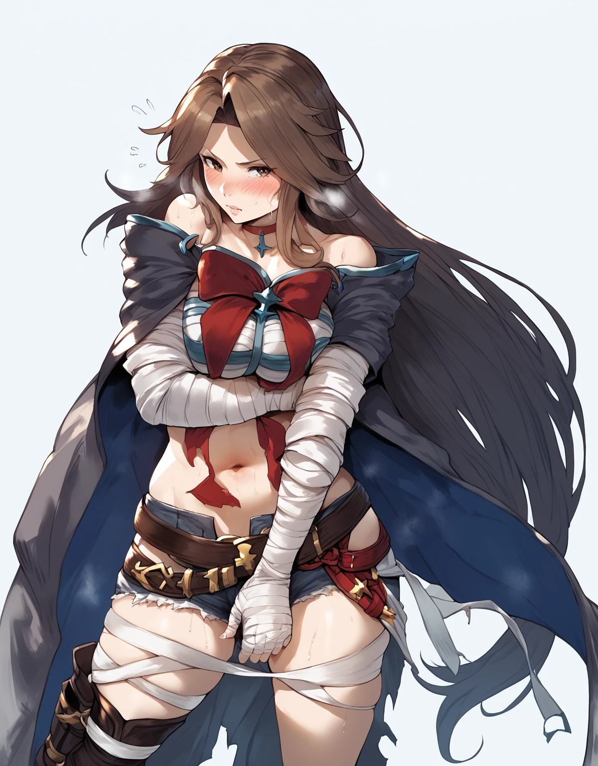 score_9, score_8_up, score_7_up, score_6_up, uncensored, katalina \(granblue fantasy\), long hair, parted bangs, brown hair, brown eyes, sweating, BREAK (masterpiece:1.2), best quality, high resolution, (detailed eyes:1.3), perfect lighting, (perfect hands, perfect anatomy), looking at viewer, 1girl, bandages, solo, bandaged_arm, choker, breasts, black_choker, collarbone, torn_clothes, navel, torn_shorts, looking_at_viewer, embarrassed, blush face, 