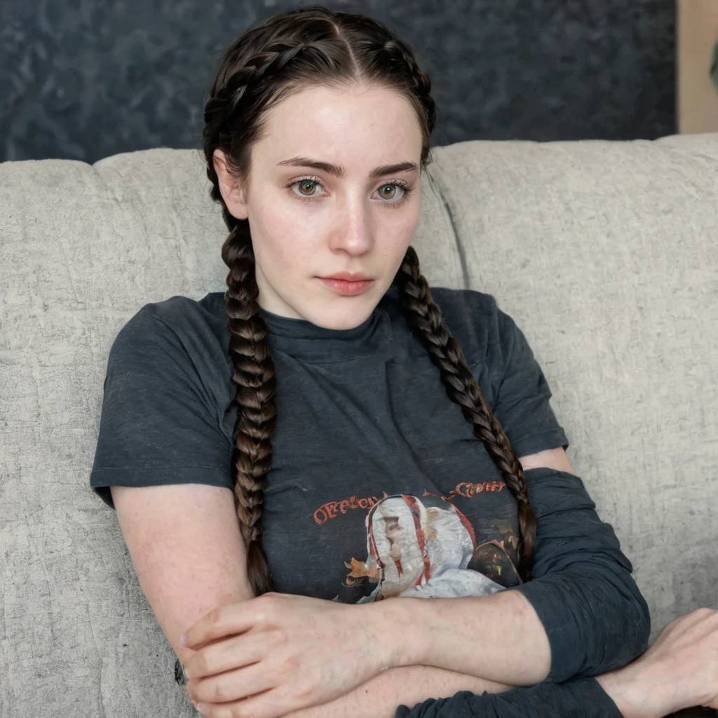 Double braided black hair pale skin kurdish girl sitting at sofa