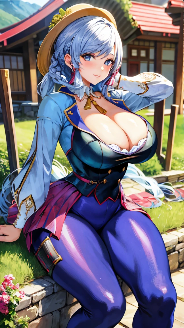 tmasterpiece, Best quality, 1girll, Kamisato Mountain Spring, exteriors, straddle,gigantic cleavage breasts,busty body,thick leg,Grab your breasts