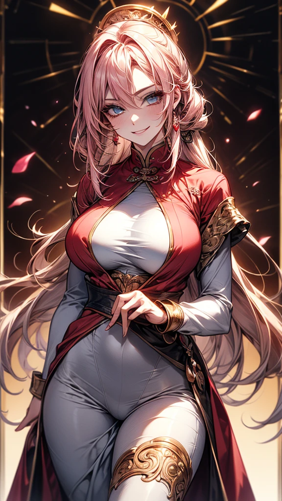 best quality, ultra high resolution, NSFW, hyper-detailed, intricately detailed, masterpiece, anime style, beautiful tall mature woman, mature woman around 28, white woman Milf, pink hair, long straight hair, blue amethyst eyes , looking elegant, compassionate and adorable;, beautiful and the most beautiful woman of all time, big bust, thin waist, Amazonian queen woman, wearing pink sakura Chinese oriental dress with long sleeves, pink flowered skirt, with blue details, perfect body , fit body, natural muscular body, six-pack (defined), modest hips, beautiful skin, ultra-oily and shiny skin, sexy and seductive Amazonian warrior queen Woman looking with love is happiness for the viewer, fierce and imposing sexy and beautiful face full of kindness and compassion, beautiful happy face with a caring look and a joyful smile full of love, kindness and compassion, Standing in a lush and mysterious daytime RPG fantasy dungeon, Sun highlighting his body, fantasy, Looking at the viewer with a happy looking expression and a loving smile at the viewer, cowboy photo, portrait, Alone, Alone, 1 woman, looking at the camera with a happy and loving smile at the viewer, detailed body, detailed hair, detailed face, ready into a fight to protect you, she loves you more than anything, she will fight for you