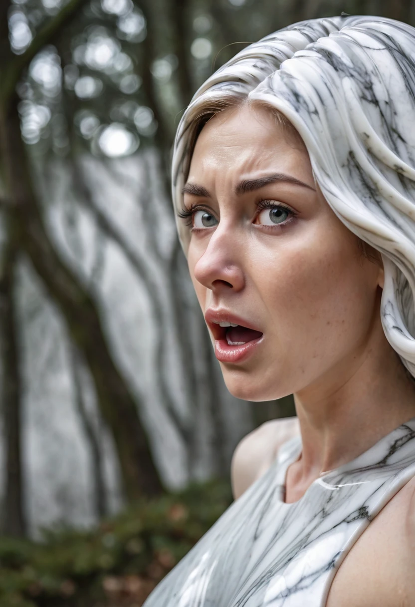 (beautiful screaming nude woman), (eyes open), (terrified expression), (((frightened expression))), (((startled expression))), (((crying))), (((shouting))), (marble face), (face made of marble), (face turning into marble), (head made of marble), (body turning to marble), (body made of marble), (marble body), (skin becoming marble), (face turning to marble), (head turning to marble), (arms turning to marble), (hands turning to marble), (marble hands), (marble fingers), (skin made of marble), (marble skin), (hair made of marble), (ASFR), (turning into marble), (becoming marble), (winter forest background), (defensive posture), ((((half made of marble, half made of flesh)))), side profile
