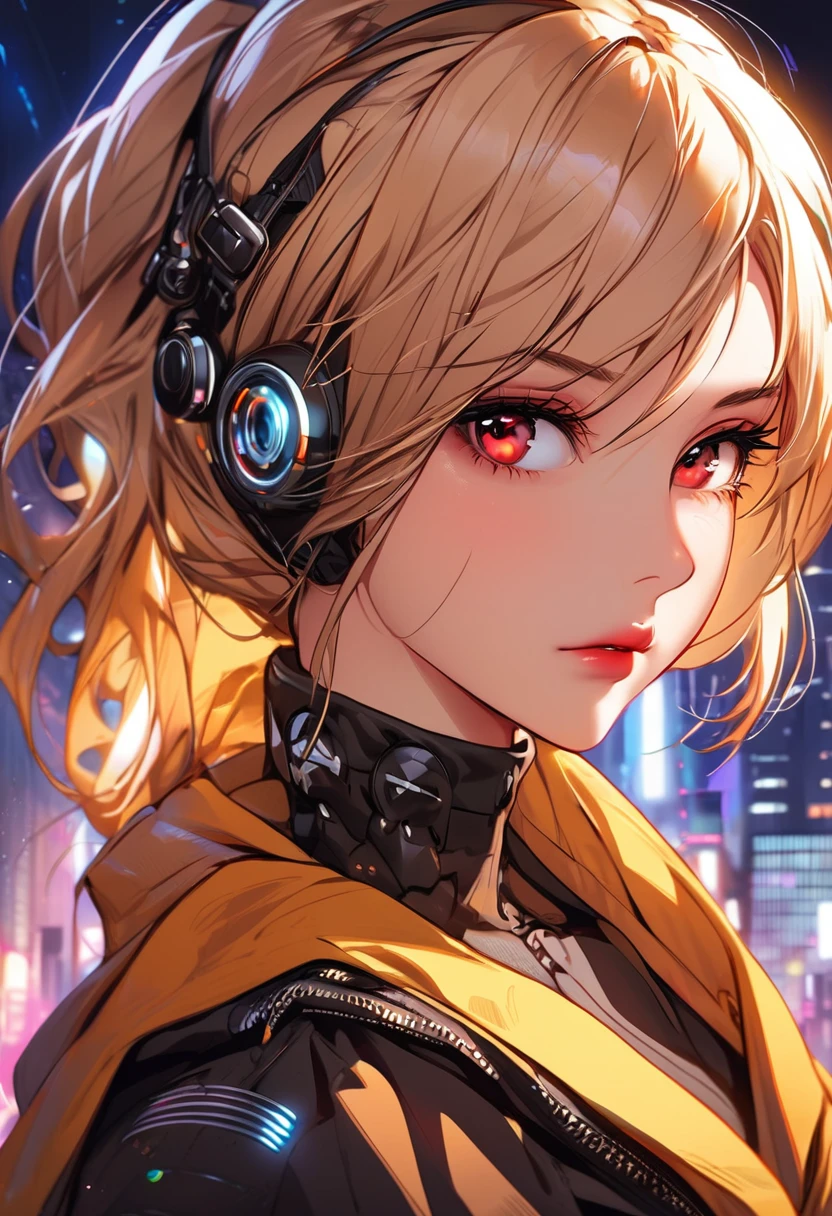masterpiece , night , close up , beauty , blonde hair , red eyes , yellow robe , sinozick style , cyberpunk