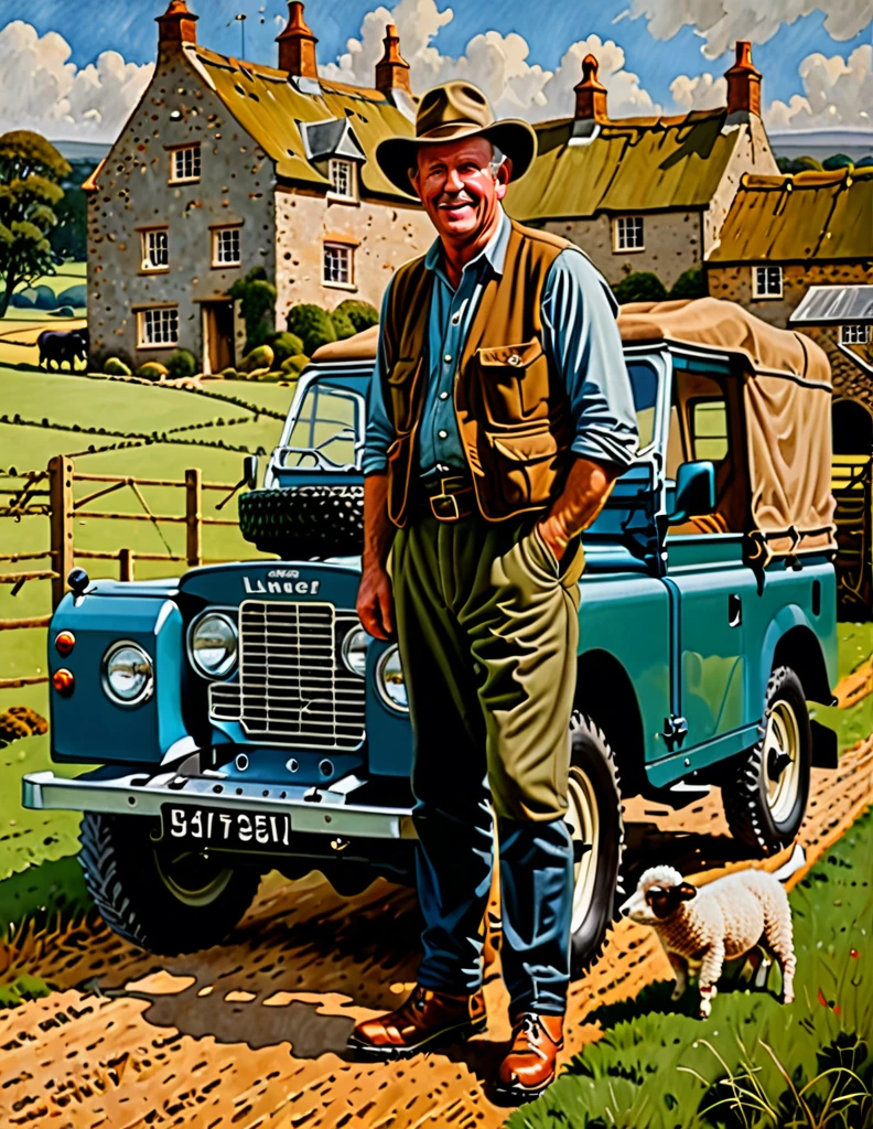 The Middle-aged British Farmer, at his mutton farm, counting his muttons on his 1948 Blue Land Rover Defender Serie I, serene and tranquil British farm background, oil on canvas painting with heavy influence from Don Lawrence