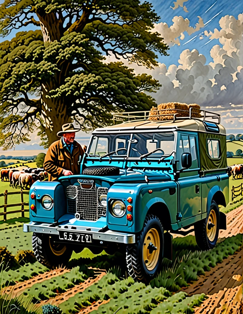 The Middle-aged British Farmer, at his mutton farm, counting his muttons on his 1948 Blue Land Rover Defender Serie I, serene and tranquil British farm background, oil on canvas painting with heavy influence from Don Lawrence