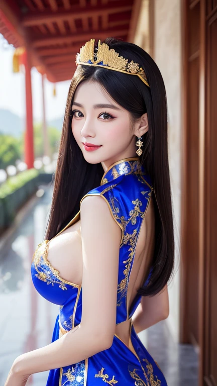 (((Chinese Beauty)))、((Angle of view from the side))、(Look back here)、21 years old、(Very heavy makeup:1.3)、(Slanted Eyes:1.4)、(long narrow eyes:1.4)、Shiny Hair、Glowing Skin、Very white skin、Jet Black Hair、Straight long hairstyle、Waist-length hair、Big eyes、Double eyelids、Luxury Chinese palace、(Standing in the palace corridor)、(Golden luxurious hair ornament)、(((Patterned costume of a Chinese queen)))、Luxurious and gorgeous、(huge breast:1.3)、(Exposed Skin:1.4)、(Smile with your mouth closed)、Transparent white cloth、(((Royal Blue Costume)))
