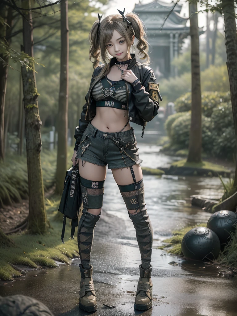 (Hostess:1.3)、(Smiling with teeth showing:1.3),(Shibuya Gal:1.5)、(Landmine Girl:1.4)、(ta Fashion:1.5)、(Punk RockVisual Kei:1.4)、(A modern short jacket in dark grey and moss green.:1.5)、(Tattered brown and charcoal denim low rise cargo pants:1.5)、(Mustard Yellow Headband:1.3)、(Charcoal and khaki striped knee socks:1.4)、collar、(Brown platform long boots)、(Clothing with logo pattern:1.4)、20-year-old、Browsing Caution,((Highest quality、In 8K、masterpiece:1.3))、Sharp focus:1.2、(Layered Cut、Huge breasts:1.1),Beautiful woman with perfect figure:1.4、(Doing an aerobics pose:1.3)、Slim Abs:1.2、Butt、Highly detailed face and skin texture、Fine grain、double eyelid,(Twin tails:1.3)、(Brownish golden hair:1.3)、Obscene、Idol Sculpture、(The landscape is a beautiful temple of water and forest:1.3)、(Slimming your legs:1.4)、(The body is slim:1.3)、(clavicle:1.1)
