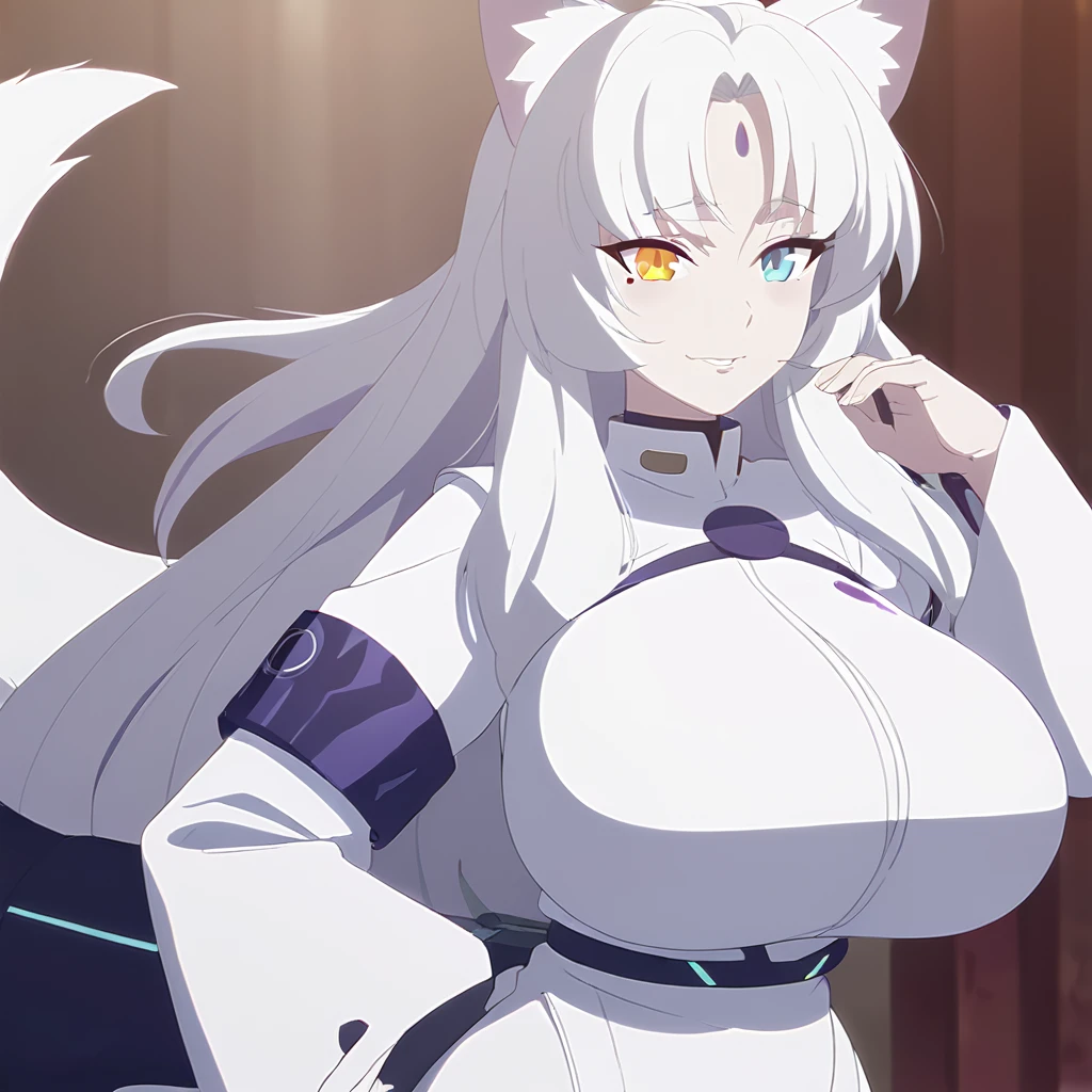 beautiful white neko, long white neko ears, white neko tail, anime style, purple eye, blue eye, big breasts, extremely detailed eyes and face, Wearing White and Purple Mechanic outfit, white long hair, heterochromia, wide waist, mature woman, black small beauty mark under right eye