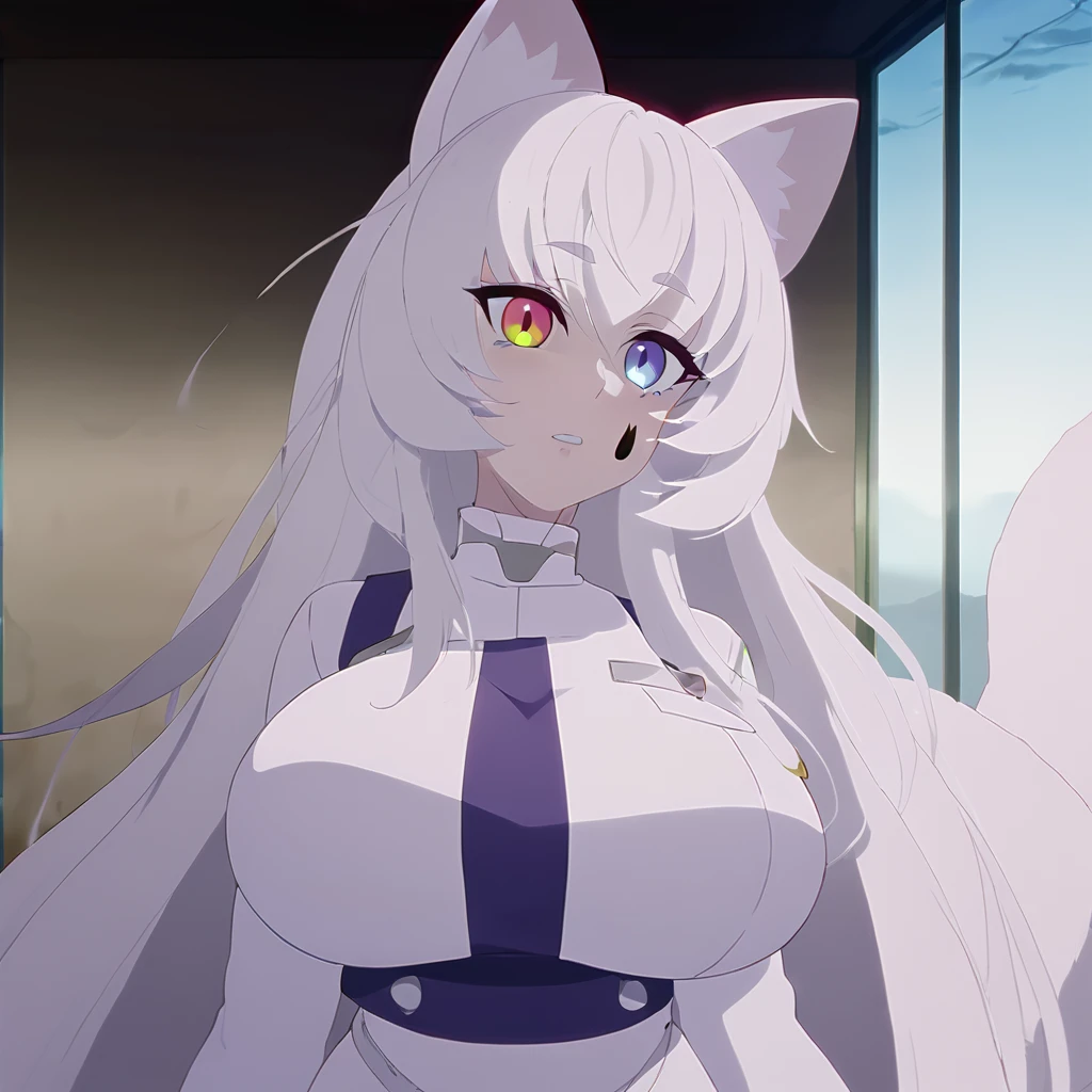 beautiful white neko, long white neko ears, white neko tail, anime style, purple eye, blue eye, big breasts, extremely detailed eyes and face, Wearing White and Purple Mechanic outfit, white long hair, heterochromia, wide waist, mature woman, black small beauty mark under right eye