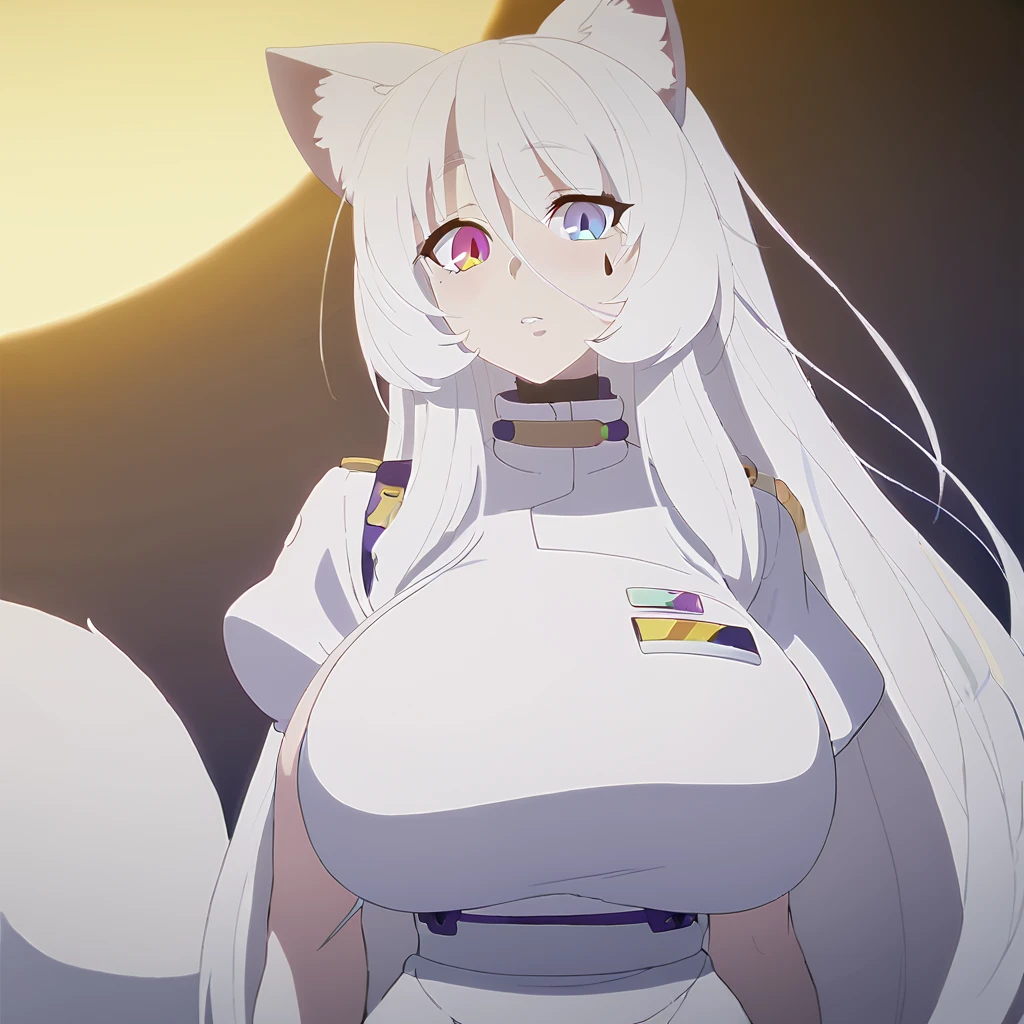 beautiful white neko, long white neko ears, white neko tail, anime style, purple eye, blue eye, big breasts, extremely detailed eyes and face, Wearing White and Purple Mechanic outfit, white long hair, heterochromia, wide waist, mature woman, black small beauty mark under right eye