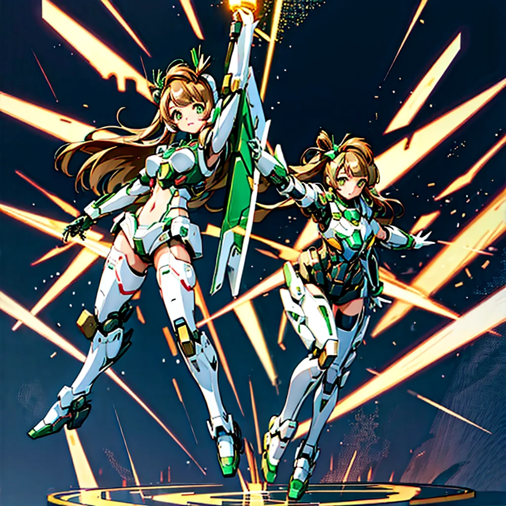 masterpiece, high quality, Cyborgization、Gynoid Cyborg Body、The face is of Minami Kotori.、Minami Kotori, who has been remodeled into a girl-type mechanical body、Mecha Cyborg Girl、Single, frontal composition、Single image、from front, full body、The mechanical body is destroyed, exposing the precision machinery.、Arms and legs wide open