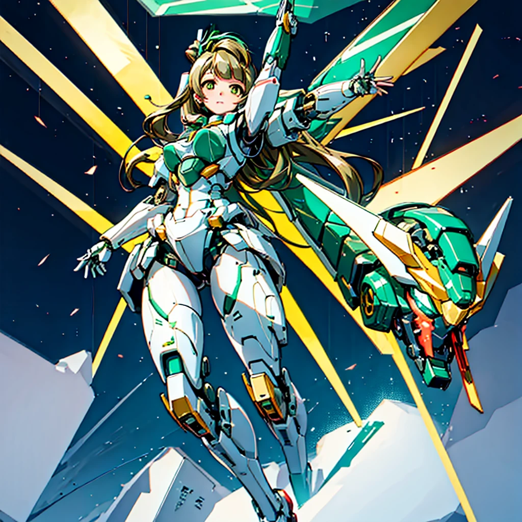 masterpiece, high quality, Cyborgization、Gynoid Cyborg Body、The face is of Minami Kotori.、Minami Kotori, who has been remodeled into a girl-type mechanical body、Mecha Cyborg Girl、Single, frontal composition、Single image、from front, full body、The mechanical body is destroyed, exposing the precision machinery.、Arms and legs wide open
