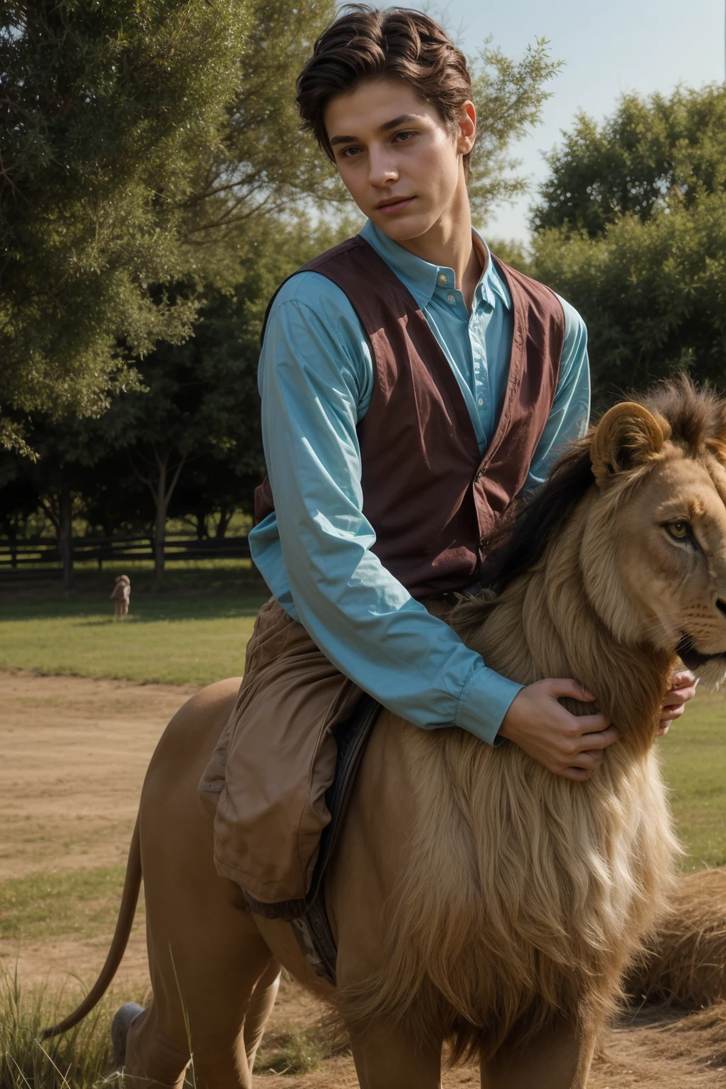 A beautiful young male twink with black hair, wearing an aquamarine-sleeved shirt and brown pants, and he is on the huge farm, riding on a lion and looking proudly.