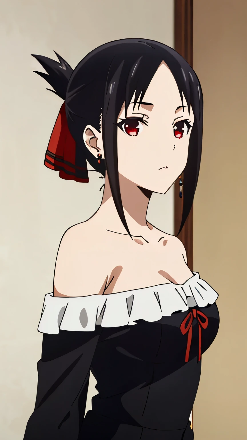 (best quality, masterpiece, 8k:1.2), detailed,
shinomiya kaguya,1girl, solo, black hair, red eyes, short hair, folded ponytail, red hair ribbon, (black leather dress, off-the-shoulder, earrings),
looking at the viewer, medium breasts, dynamic Angle,
