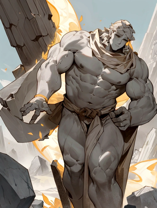full-length, huge stone giant, scraps of white mantle, stone skin, stone body, leaves on the body, musculature