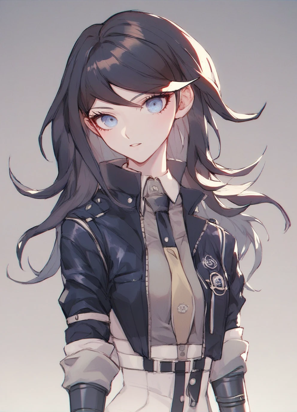 young woman, black long hair, Blue eyes, trouser suit, danganronpa