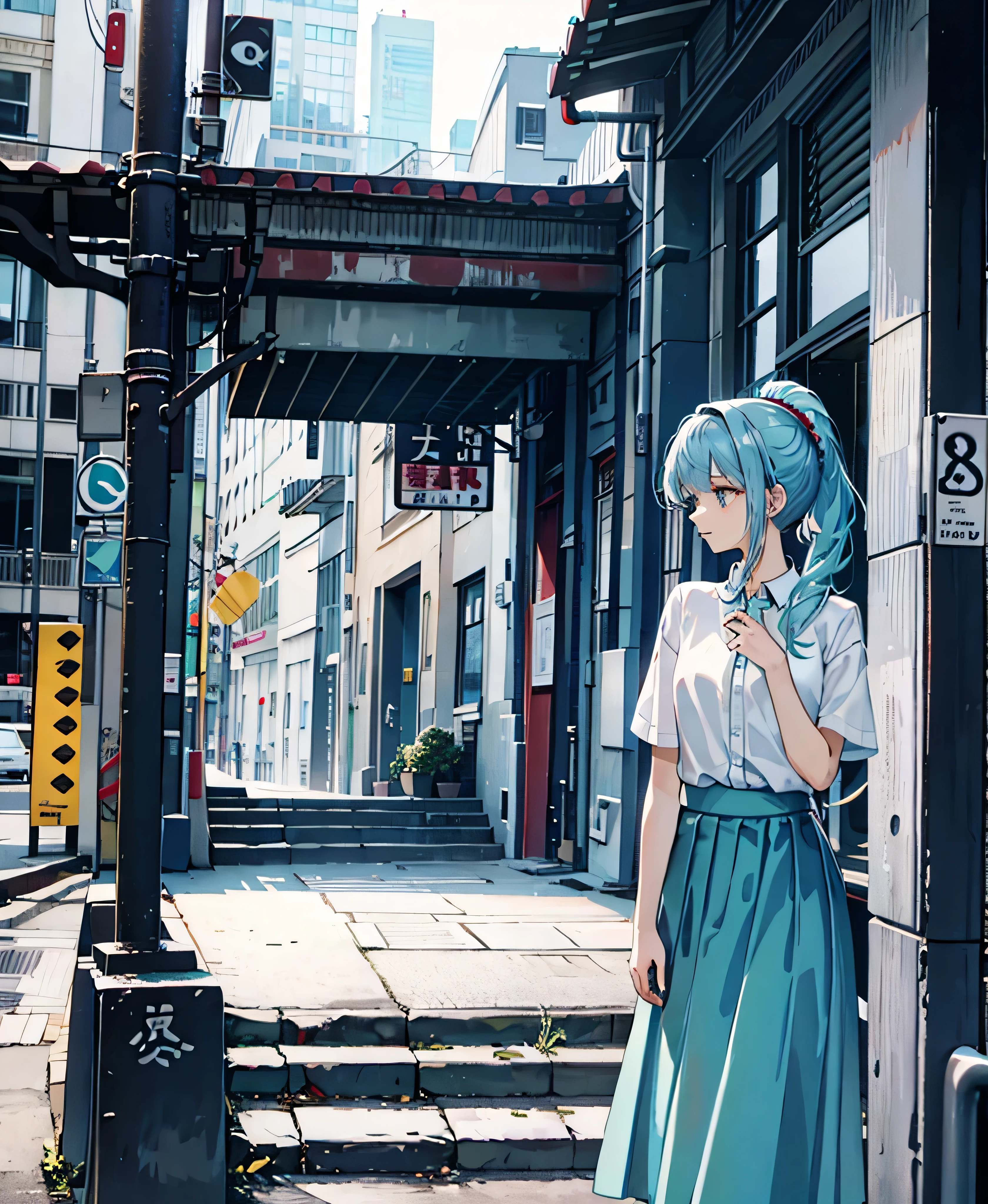 Refreshing morning light, iridescent highlights, A cool woman around 25 years old, skirt, High knot ponytail、Light blue hair、Wearing a blouse