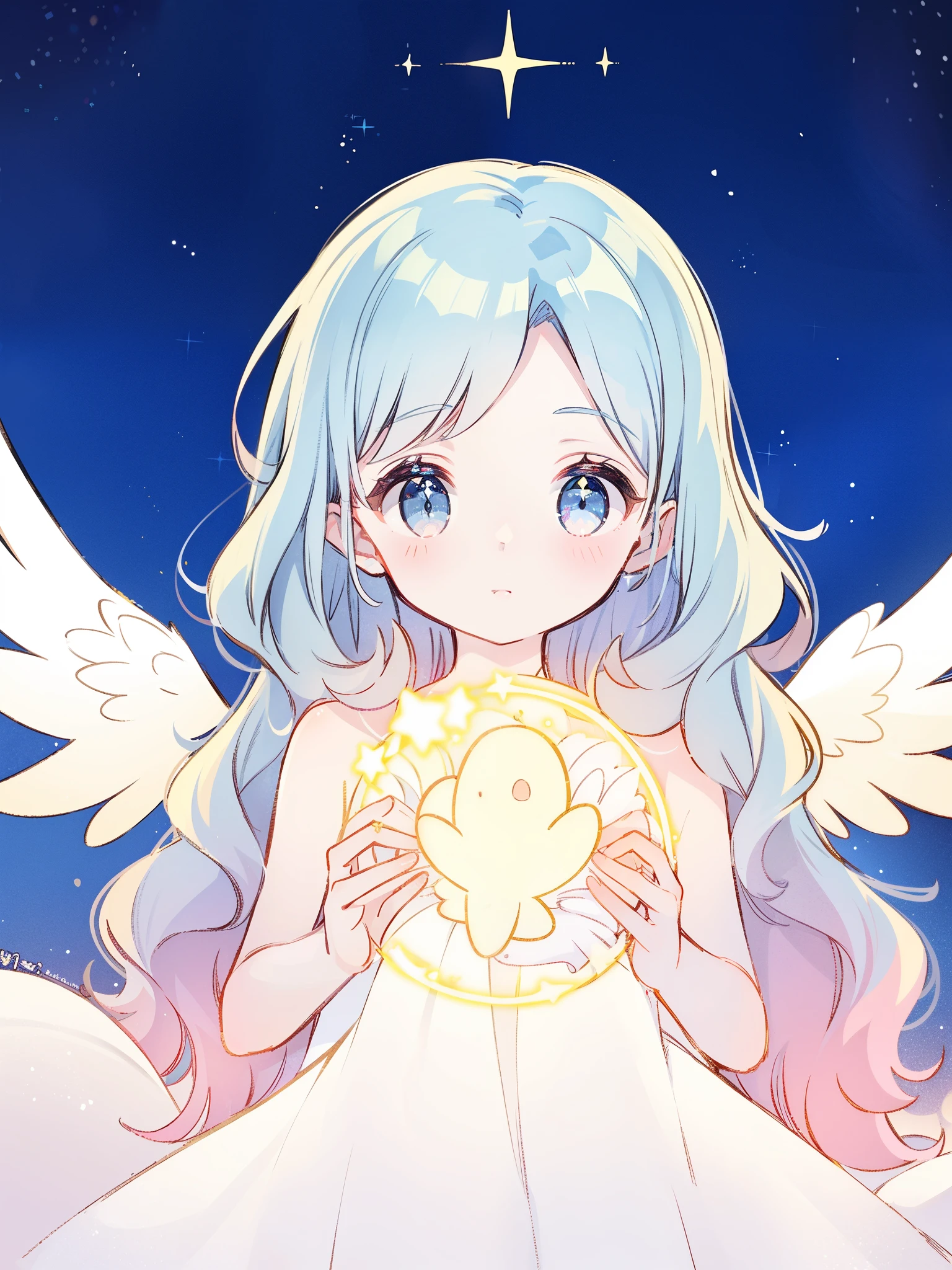 angel girl wearing an ethereal translucent dress, pale skin, ((blue mint wavy hair)), white feathers, angel wings, sparkling detailed eyes, golden ratio face, perfect composition, highly detailed, ethereal, (starry nighky background), midjourney style