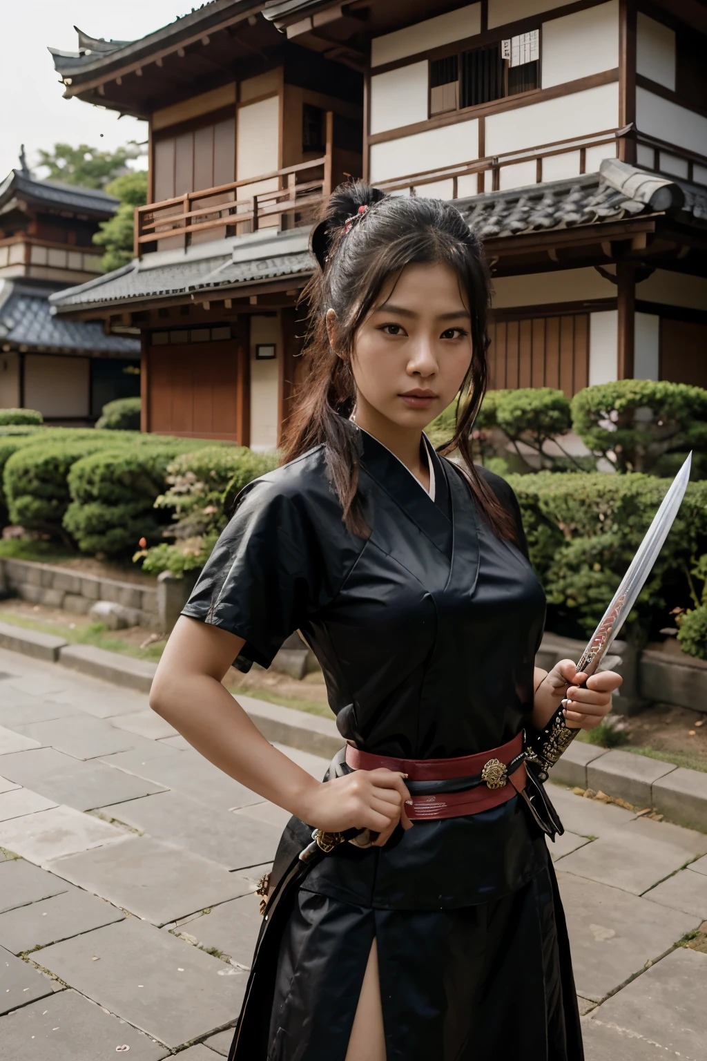 arafed asian woman in traditional dress holding a sword in front of a house, female samurai, very beautiful cyberpunk samurai, japanese warrior, samurai style, she is holding a katana sword, samurai outfit, ancient japanese, japanese samurai, japanese woman, japanese goddess , rose of blackpink , park chaeyoung