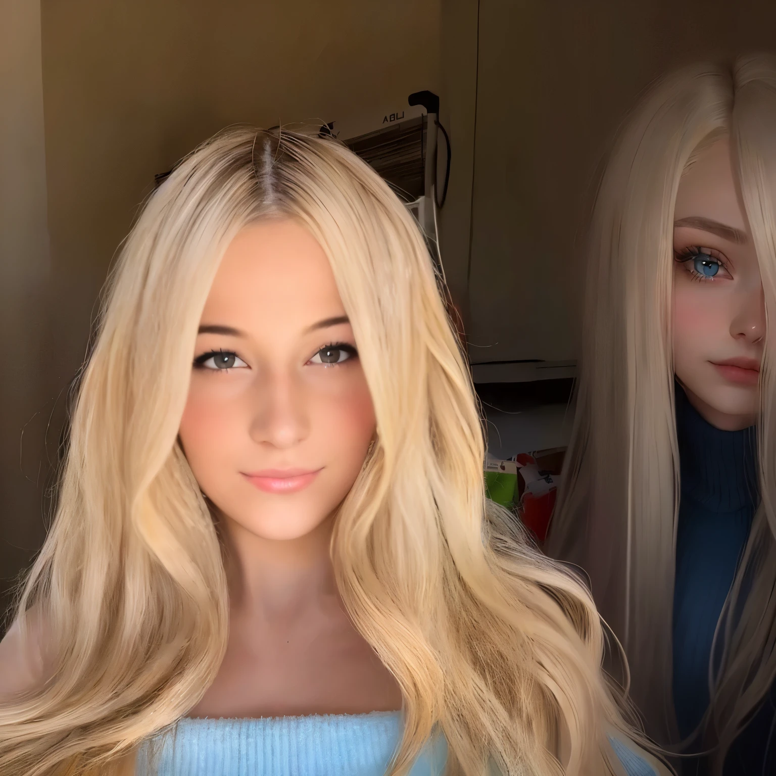 blonde woman with long hair and blue sweater posing for a picture, long blonde hair and large eyes, kailee mandel, belle delphine, alexa grace, long blonde hair and big eyes, with long blond hair, blonde hair and large eyes, long blonde hair and blue eyes, beautiful blonde girl, blonde goddess, ava max, perfect white haired girl