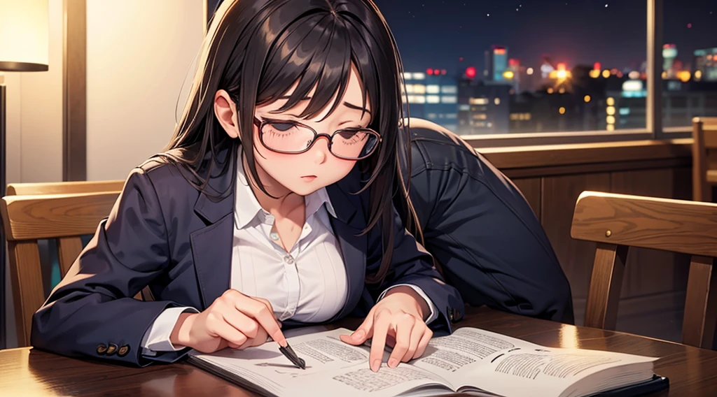 Falling asleep face down while studying at night、A cute girl wearing glasses that accentuate her breasts a little