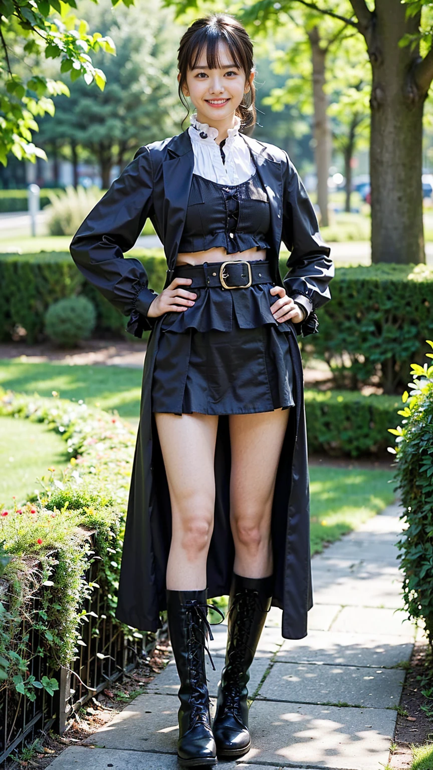 (8K、RAW Photos、Highest quality、masterpiece:1.2)、(Realistic、Realistic)、1 Girl、((Black coat、mini skirt、smile、Frills、one piece、whole body、See-through、boots、chest emphasis、whole body、garden、View from the front、Looking into the camera、belt、Stand with hands on hips))、