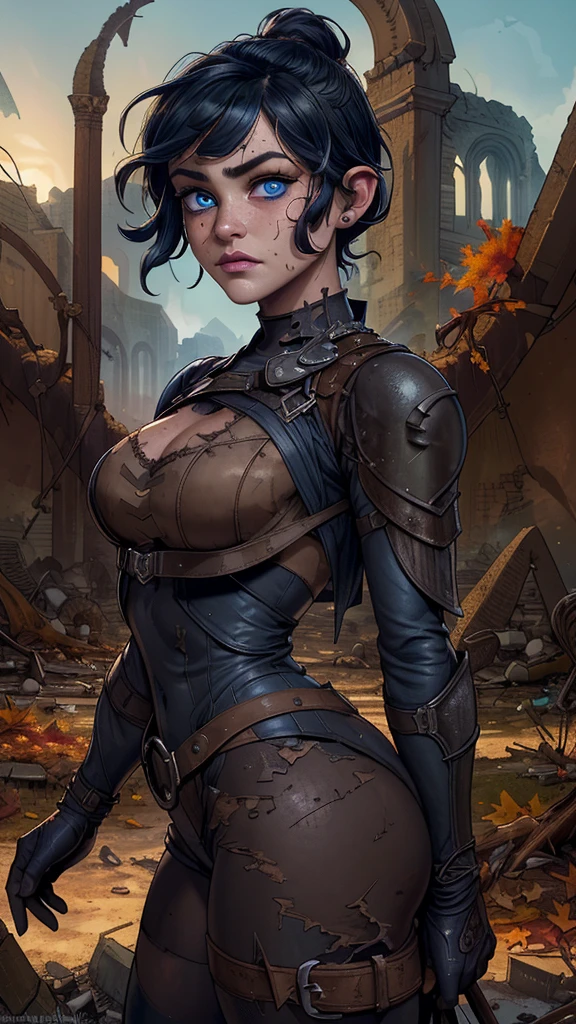 (Best quality,high resolution,Ultra Detailed,Practical),Ella Purnell linda y nerd, Big breasts and big buttocks,(Black short hair :1.4), Black wavy hair tied into a ponytail, (wearing a blue vault suit from fall out 4 with lots of details and slits), High detail face, High detail leather, Expression, Perfect body, Perfect proportions, Nuclear wasteland background with scattered ruins, high quality, masterpiece, Realistic photos, Intricate details, 8K, HDR, Shallow depth of field, Broad Light, High contrast, Backlight, Clear focus, Original color photo, Looking at the camera, Cool colors, Dynamic poses, (al estilo de fall out 4:1.4) , (Facial details: 1.5) , (blue eyes, Pretty Face, beautiful eyes:1.4 ) , Iris lining, labios Delgados , Delgado, Light and pointed eyebrows, long, Dark eyelashes, Double eyelashes),(Ella Purnell:1.4), (Ella Purnell V2.1), (fall out V2.1), ,(Ruined dungeon ruins background:1.4 ),( fall out :1.4)