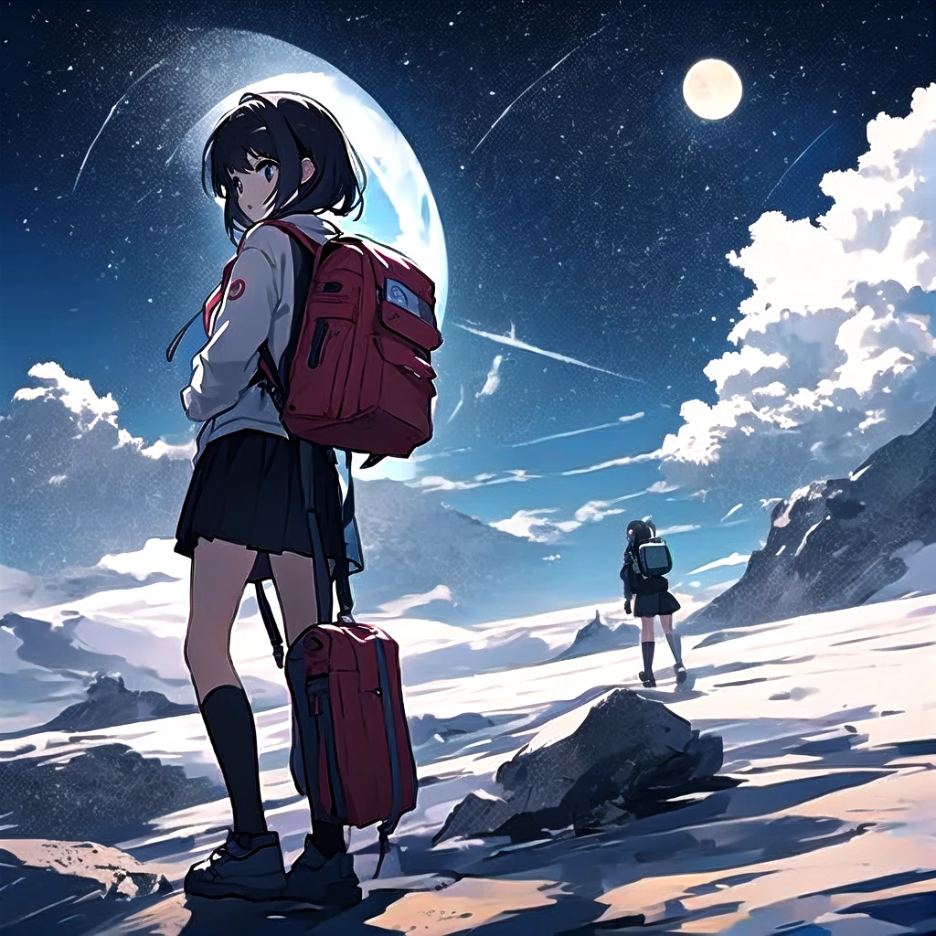 Standing on a rock with a backpack、Anime girl looking at the moon,Gweiz-style artwork