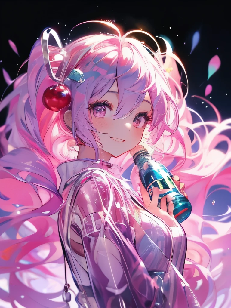 masterpiece、Hatsune Miku、Pink Hair、Long Hair、Cherry hair ornament、The wind is blowing、Sparkling eyes、smile、(((Holding a plastic bottle)))、Upper Body、Lots of hearts