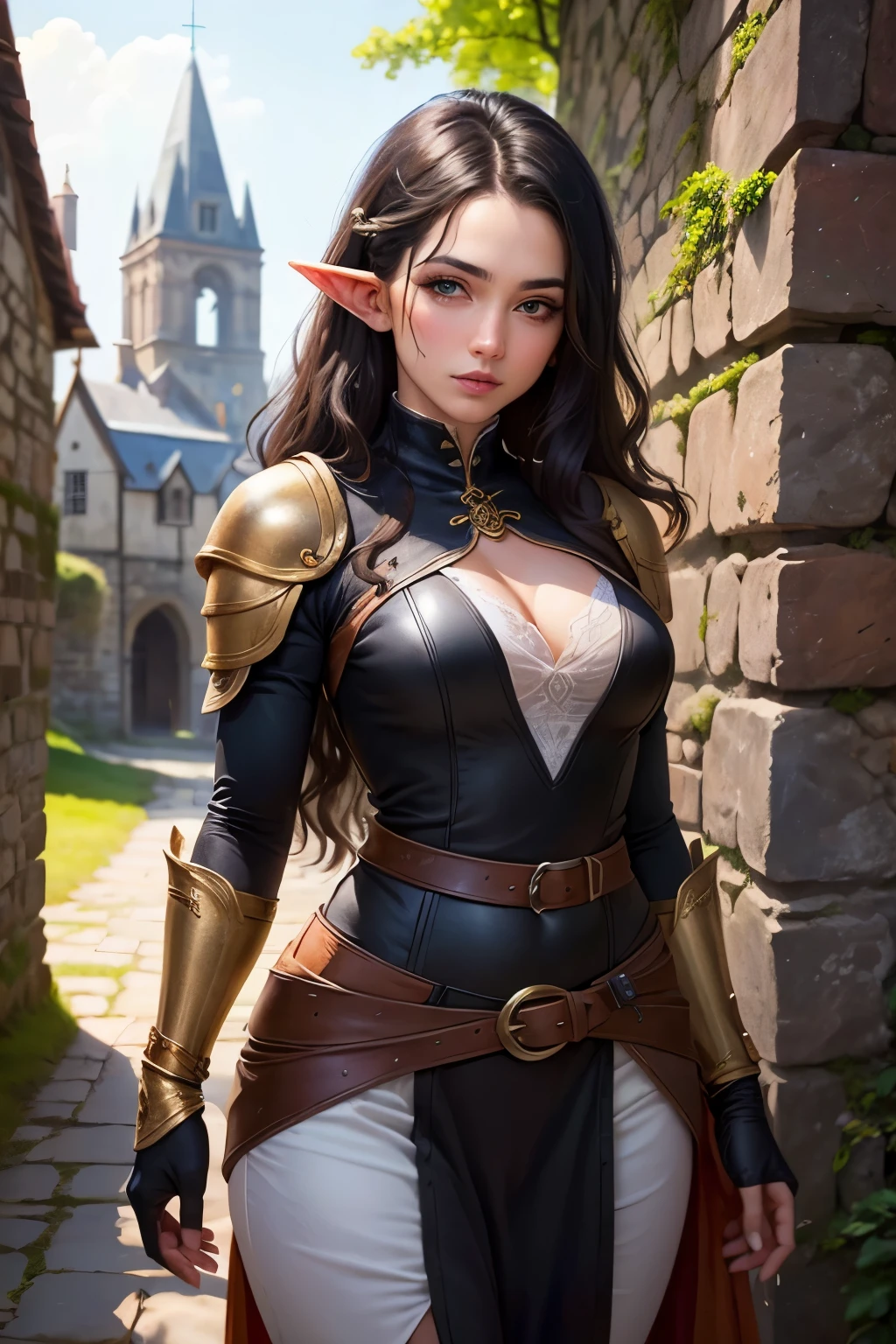 ((best qualityer)), ((work of art)), (detailded), 1 elf woman , adventurous medieval fantasy RPG , Super detailded, lindo rosto detailded, lindos olhos detaildeds, beautiful detailed mouth, black hair, black hair com muitas tranças, brown leather clothing, fully dressed, gray gauntlets, gray belts, in the background an old stone building, clear lighting, detailed shadows