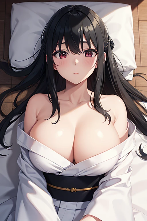 Highest quality、Best image quality、Ultra-high resolution、Ultra-high resolutionで描画、One Girl、futonに横になっている、Are sleeping、Sleeping together、Bright red eyes、Very beautiful adult woman、非常に精細なBeautiful Face、very fine and beautiful eyes、Beautiful gesture、charm、Beautiful Face、Cleanliness、Pure Face、Shiny skin、Black Hair、Light of the sun、Center of chest、Golden RatioのBeautiful Face、Golden Ratio、very beautiful big breasts、Expose your shoulders、Long neck、Neat long hair with bangs、Perfect Fingers、Perfect hands、Perfect body、Perfect Face、Shine a light into your eyes、Off the shoulder、Cleavage、Black Hair、Underwear is visible、White yukata、敷futon、Japanese-style room、Yukata at a Ryokan、Atmosphere before going to sleep at night、futon、Bedroom、Lying down and relaxing、The ruined yukata、Arms above head、Show your side、Are sleeping状態で股を開く、Spread your legs