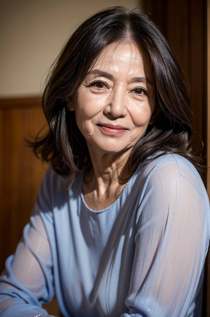 (masterpiece:1.4),(69-year-old woman:1.5),(facial wrinkles 1.2),gentle smile,Long Wavy Hair, motherly mature woman