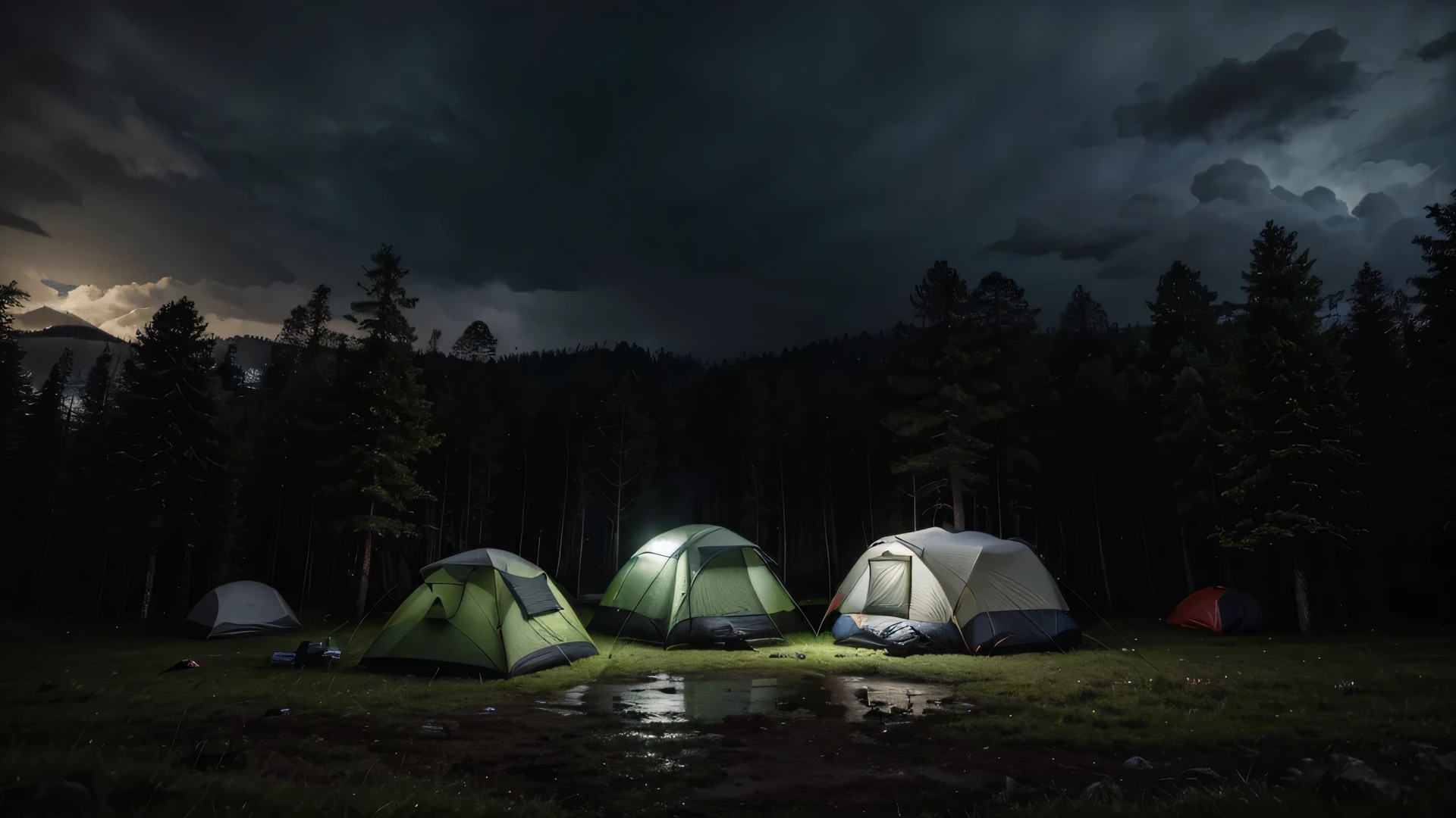 (masterpiece, 8K, UHD, photo-realistic:1.3), camping ground during heavy rain at night with cloudy sky, there are several camping tents with cloudy sky, in the middle of a dense pine forest during heavy rain at night with cloudy sky, the atmosphere is dark during heavy rain at night with cloudy sky