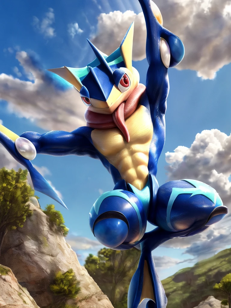 (Realistic:1.4), (Realism:1.4), (Highres), 4K, Detailed, (Inricate Details:1.4), (Hyper Detailed:1.4), (Digital Art:1.4), masterpiece, (greninja), solo, full body, outdoors, sky, day, tongue, cloud, (red eyes, detailed eyes), blue sky, outstretched arms, long tongue, blue skin,
