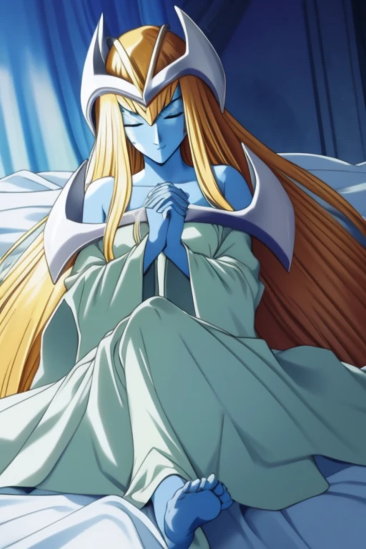 mysticalygo, mystical elf, smile, eyes closed, white dress, long skirt, blue skin, white cape, long robe, blonde hair, long hair, Yugioh, overly long sleeves, no hands, bed, bedroom, on side, Dutch angles, hands placed on her legs 