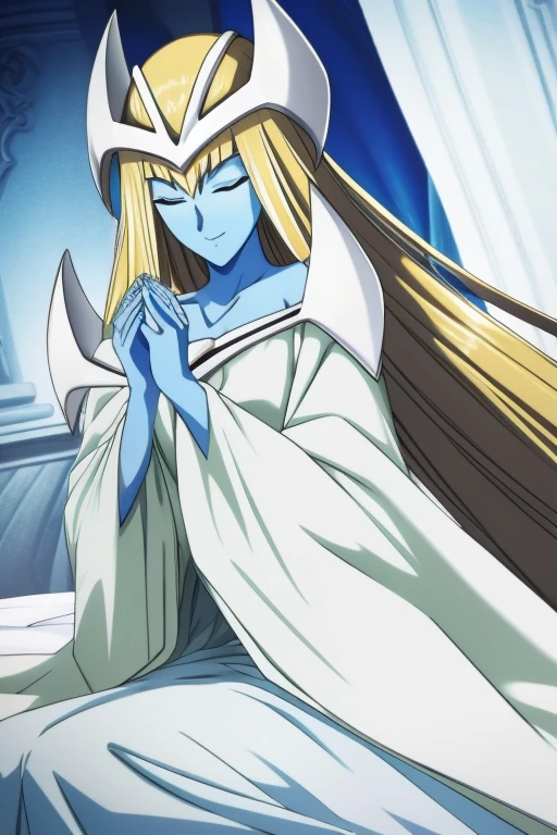 mysticalygo, mystical elf, smile, eyes closed, white dress, long skirt, blue skin, white cape, long robe, blonde hair, long hair, Yugioh, overly long sleeves, no hands, bed, bedroom, on side, Dutch angles, hands placed on her legs