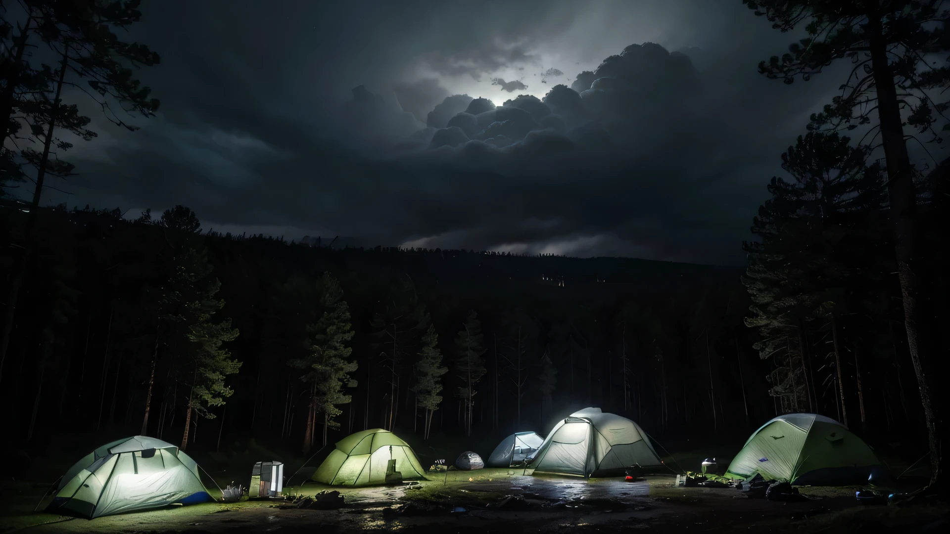 (masterpiece, 8K, UHD, photo-realistic:1.3), camping ground during heavy rain at night with cloudy sky, there are several camping tents with cloudy sky, in the middle of a dense pine forest during heavy rain at night with cloudy sky, the atmosphere is dark during heavy rain at night with cloudy sky