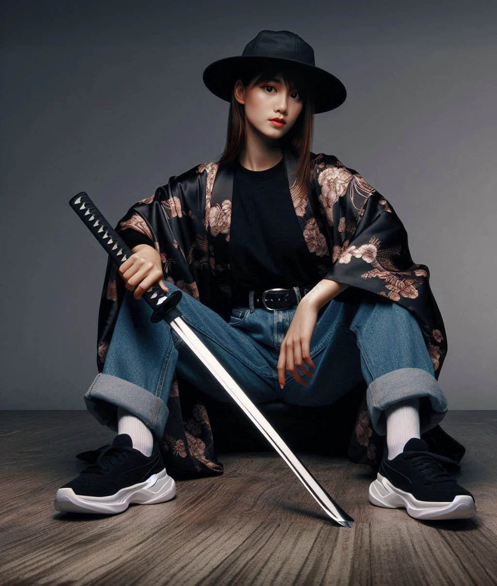 fullbody, Natural photography of yakuza woman wearing a kimono, black t-shirt, baseball cap, blue jeans, shirt, holding a katana, face facing the camera. running,Highly detailed, detailed, 32K high resolution
